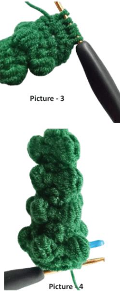 Close-up of a green crochet Christmas tree in progress showing the detailed rows of 6-loop bobble stitches.